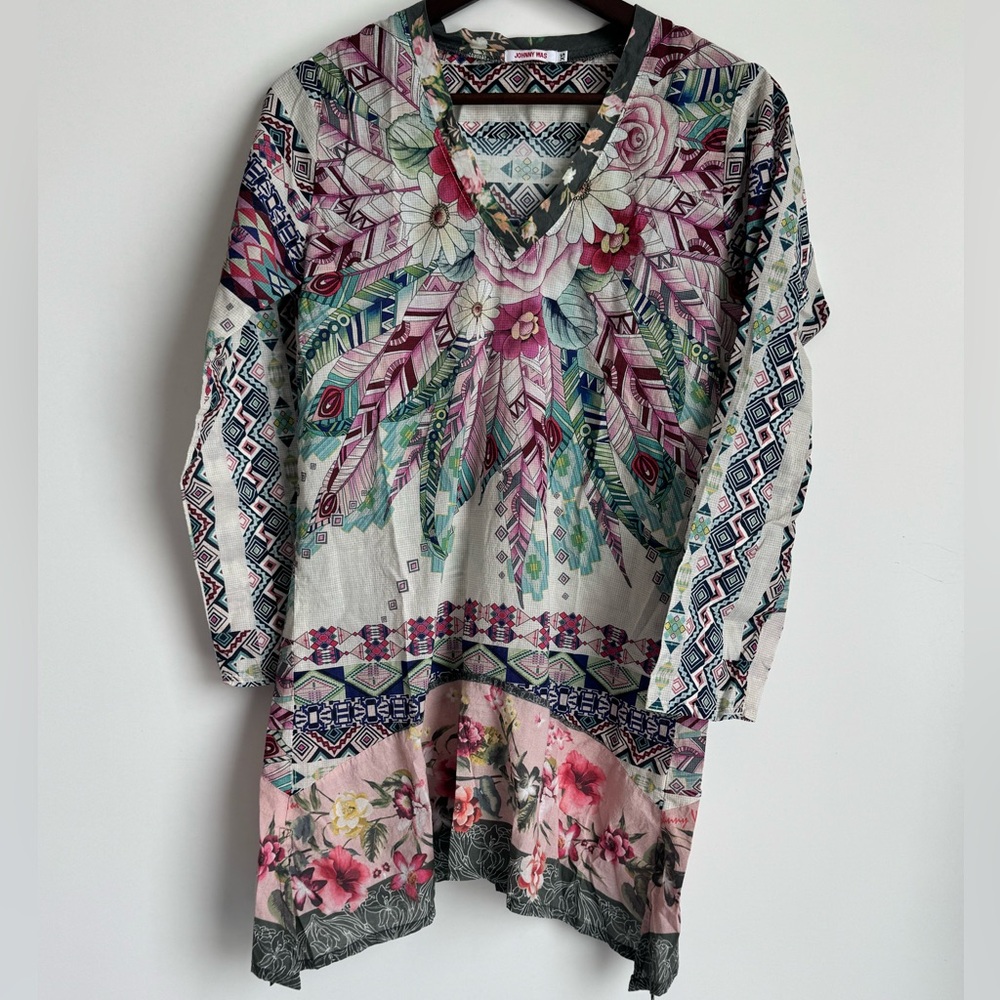 Johnny Was Tribeca Georgette Floral V Neck Floral Aztec Tunic Cotton Women XS - Picture 2 of 11